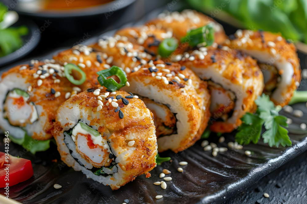 Close-up Photo of Sushi Rolls with Sesame Seeds and Green Onions on Black Plate Close-up Photo of Sushi Rolls with Sesame Seeds and Green Onions on Black Plate