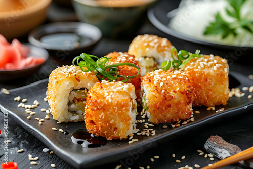 Fried Sushi Rolls with Sesame Seeds and Green Onions - Food Photography