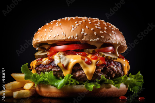 A mouthwatering cheeseburger with American cheese and fries on a sesame bun, showcasing classic American fast food indoors. photo