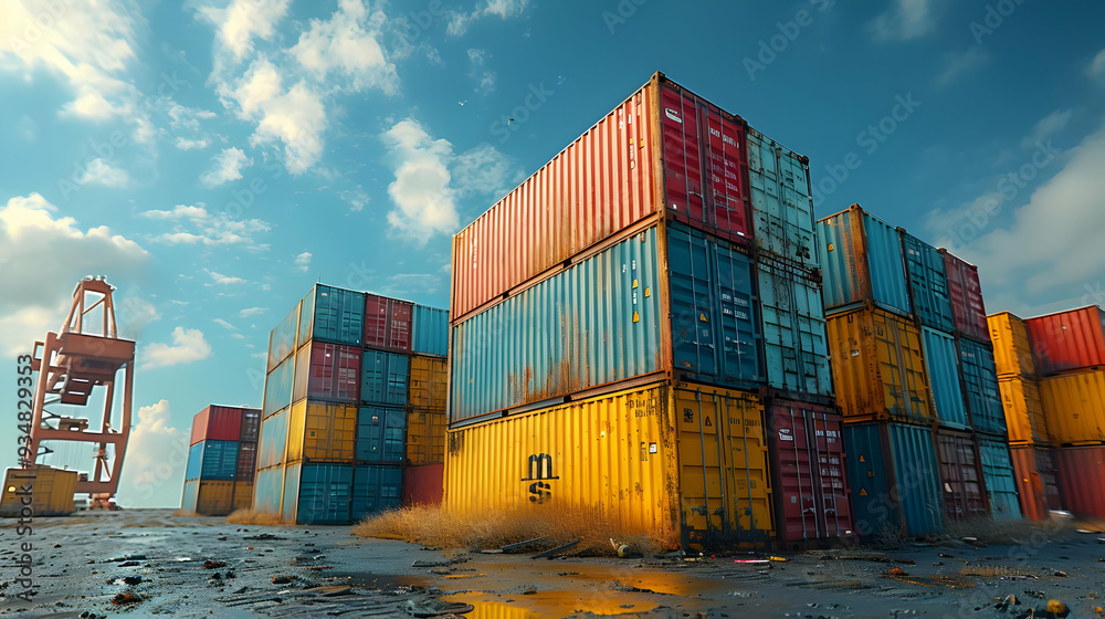 Fototapeta premium Colorful Shipping Containers at Sunset 3D Illustration