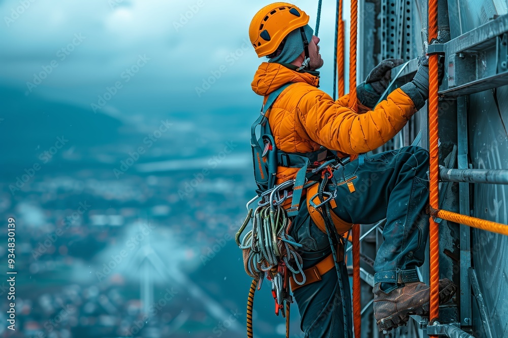 Climber Ascending Steel Structure Against Dramatic Skyline in Cloudy Weather Climber Ascending Steel Structure Against Dramatic Skyline in Cloudy Weather