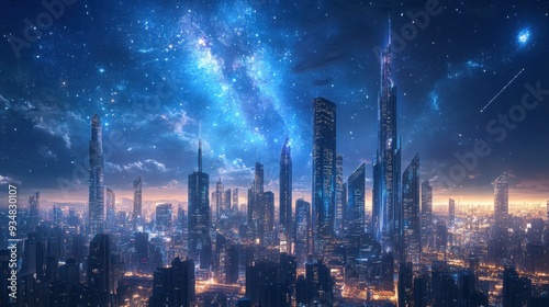 Wallpaper Mural A futuristic cityscape with sleek skyscrapers and advanced technology elements illuminated against a dark, starry sky Torontodigital.ca