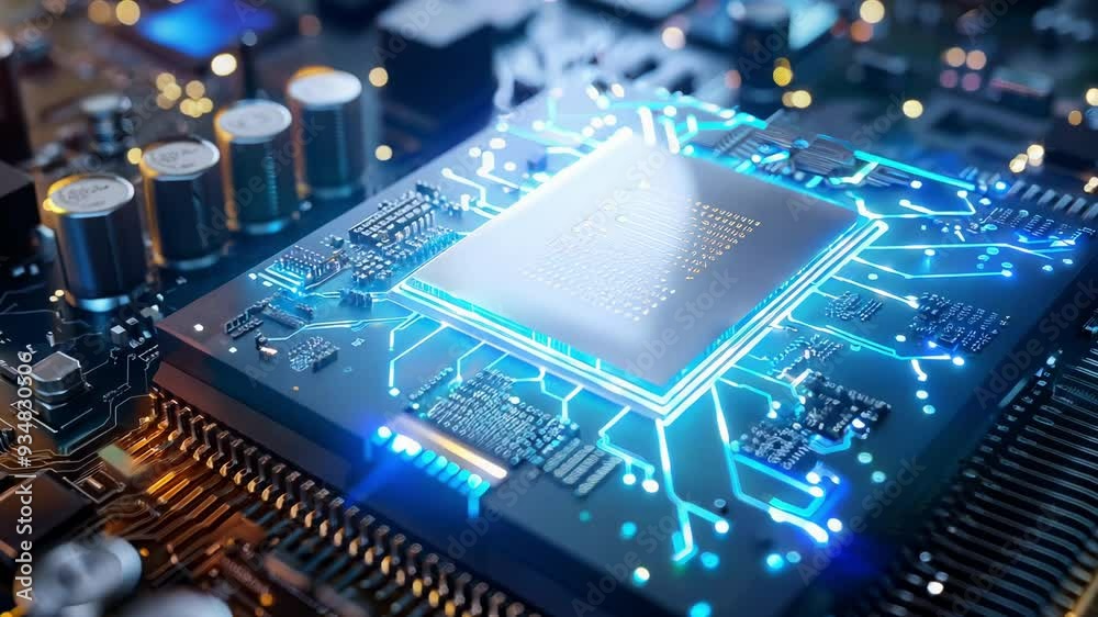 Close-up of a high-tech microprocessor on a circuit board, showcasing intricate details and blue luminescence, symbolizing technology.