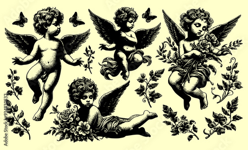 angel of love, Cherub with wings isolated on white, vector art, ready for card or invitation, save the date party.