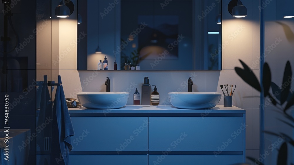 Modern Bathroom with Double Sinks and Blue Towel. Modern Bathroom with Double Sinks and Blue Towel.