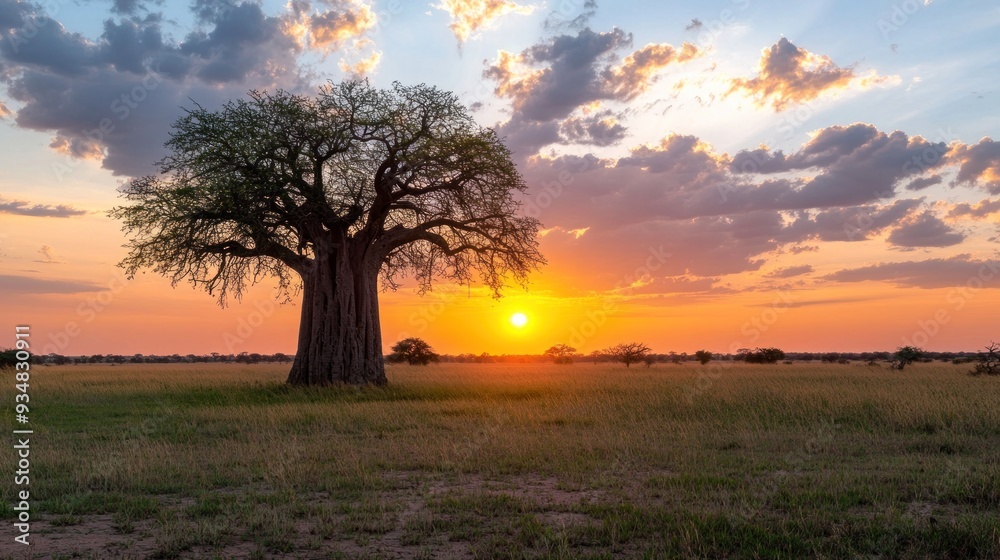 Baobab Tree Silhouette at Sunset in African Savanna Baobab Tree Silhouette at Sunset in African Savanna