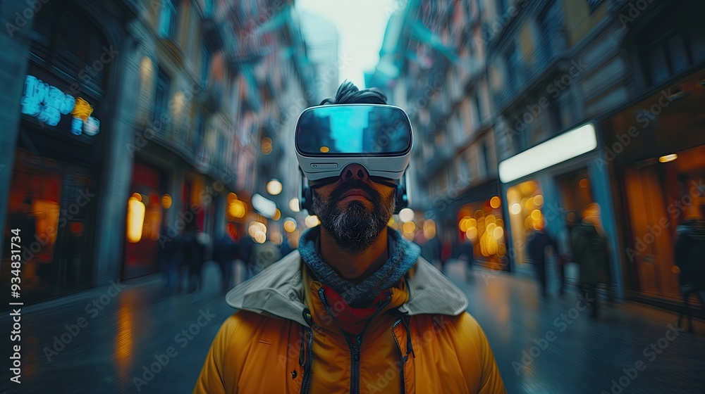 Businessman in big city using smartphone and wearing VR glasses and looking up with surprise. Ecommerce visualization concept for global business opportunity. Businessman in big city using smartphone and wearing VR glasses and looking up with surprise. Ecommerce visualization concept for global business opportunity.