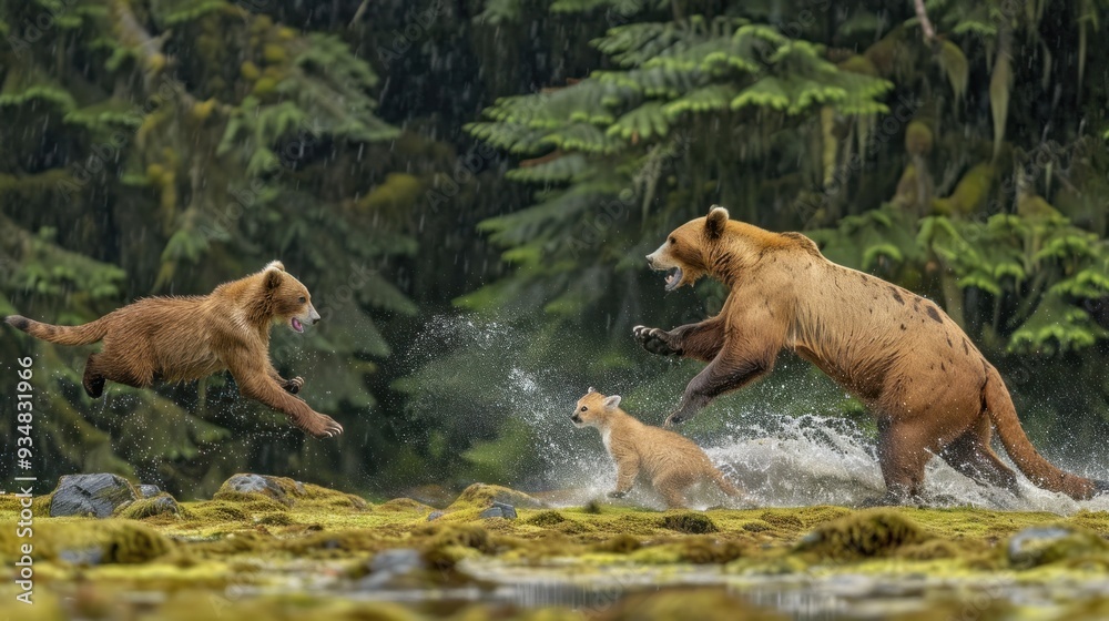 Naklejka premium Brown Bear Cubs Playing in a River.