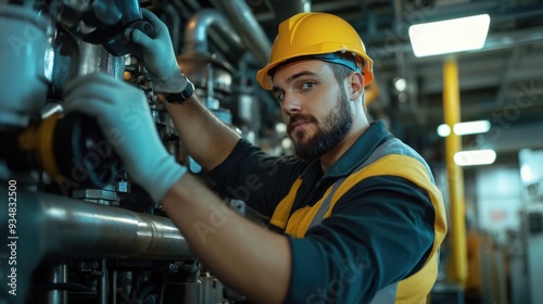 Ship engineer working in the engine room of a large vessel, adjusting valves and monitoring gauges under low lighting conditions