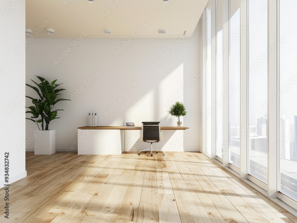 Fototapeta premium Minimalist Office Space with a Wooden Desk and Large Windows
