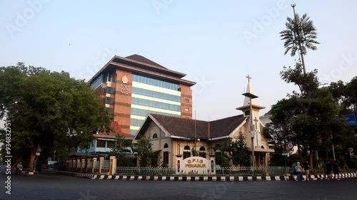 Surakarta, Indonesia - March 31, 2024: 
Morning atmosphere at GPIB Penabur Solo is the oldest church in Surakarta located in front of the Gladag Gate, the gateway to the Surakarta photo