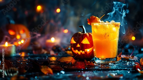 Orange pumpkin cocktails for halloween festive drink halloween party funny a glowing beverage glass and a pumpkin on a dark background photo