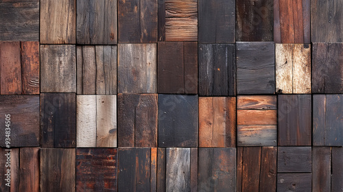 Processed collage of aged, rustic dark brown wood planks texture. Ideal for backgrounds, banners, or 3D mapping textures.