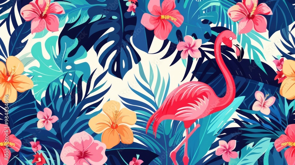 Fototapeta premium Paradise tropical design. Vibrant illustration of exotic patterns with Hawaiian flowers and flamingos, ideal for backgrounds, wallpapers, or posters.
