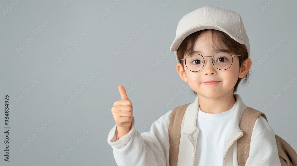 Smiling Little Girl Giving Thumbs Up in White Cap and Glasses Smiling Little Girl Giving Thumbs Up in White Cap and Glasses