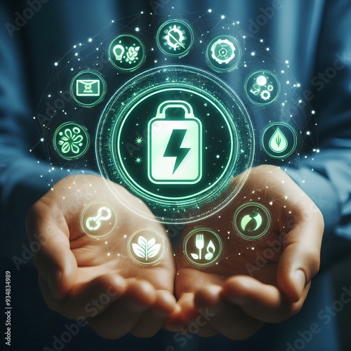  green energy icon on hand. Net zero emission Idea innovation. Environmental, social,Governance. Green energy icon around it. Green Energy Renewable Sustainable concept. carbon neutrality in 2050.