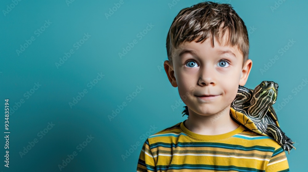 Boy with turtle on his shoulder. Boy with turtle on his shoulder.