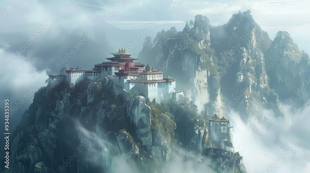Fototapeta premium Serene mountain monastery. A monastery on a misty mountain, offering peace and spiritual growth.
