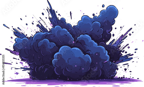  vector cartoon-style illustration of an explosion with dark blue smoke and purple sparks, white background