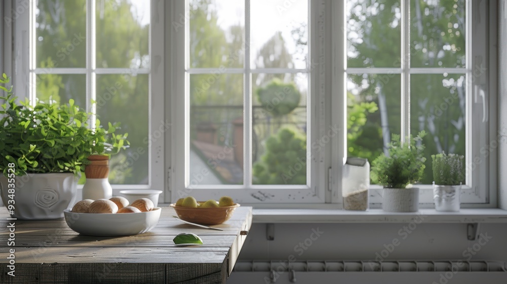 Fototapeta premium Rustic wooden table with fruit bowl and greenery near window.