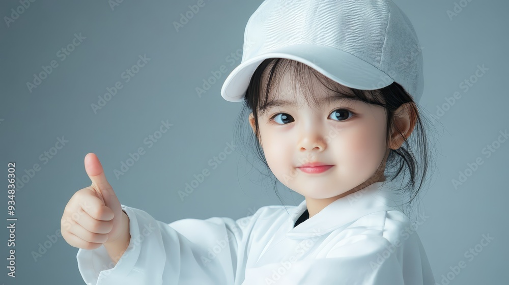 Cute Little Girl Wearing White Cap and Shirt Giving Thumbs Up Cute Little Girl Wearing White Cap and Shirt Giving Thumbs Up