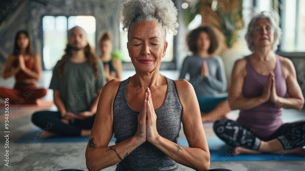 Group of people practicing yoga in a studio. Mixed-age people doing mind-body exercise together. Yoga and wellness concept. Group of people practicing yoga in a studio. Mixed-age people doing mind-body exercise together. Yoga and wellness concept.