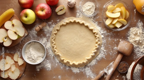 A flat lay of pie ingredients including apples, flour, and an unbaked crust on a wooden surface, perfect for a baking project.