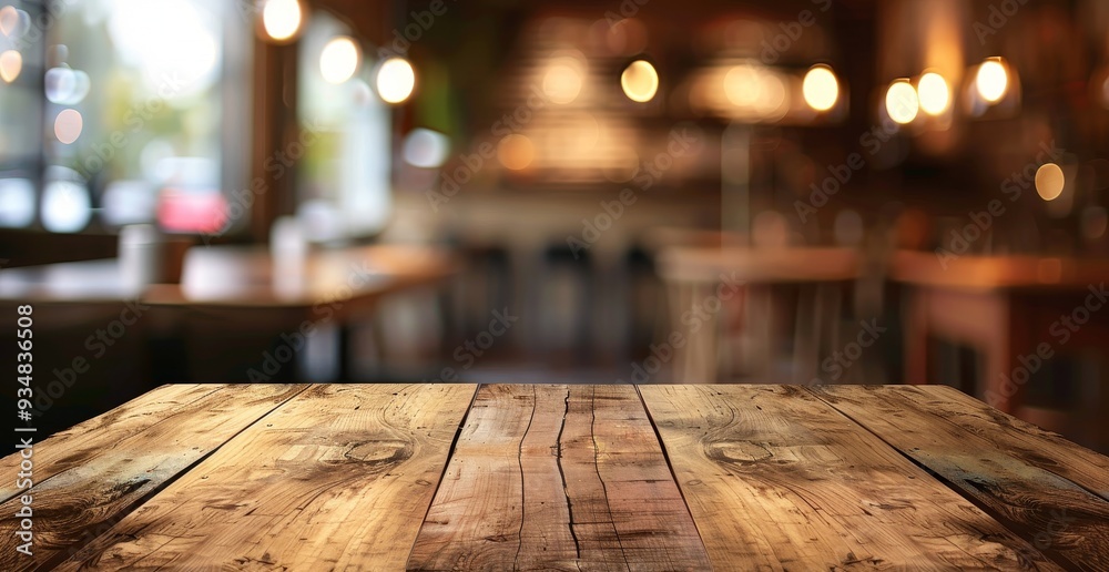 Wooden Table Top with Blurry Cafe Background Wooden Table Top with Blurry Cafe Background