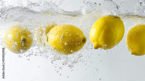 Fresh lemons dropping into water against a white background.