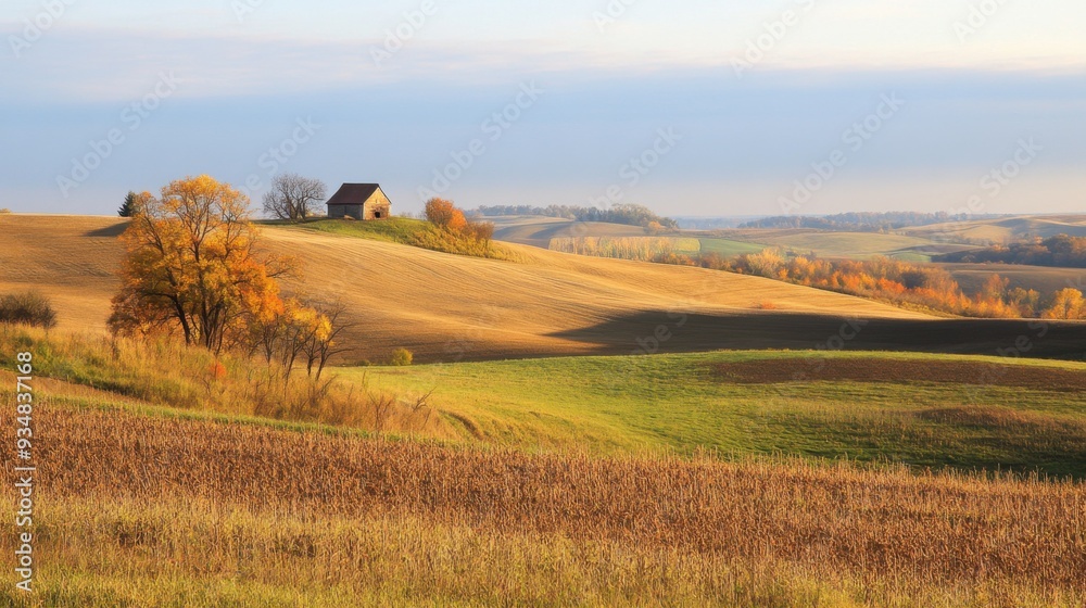 Fototapeta premium A serene countryside landscape featuring rolling hills, a quaint farmhouse, and vibrant autumn foliage under a clear sky.