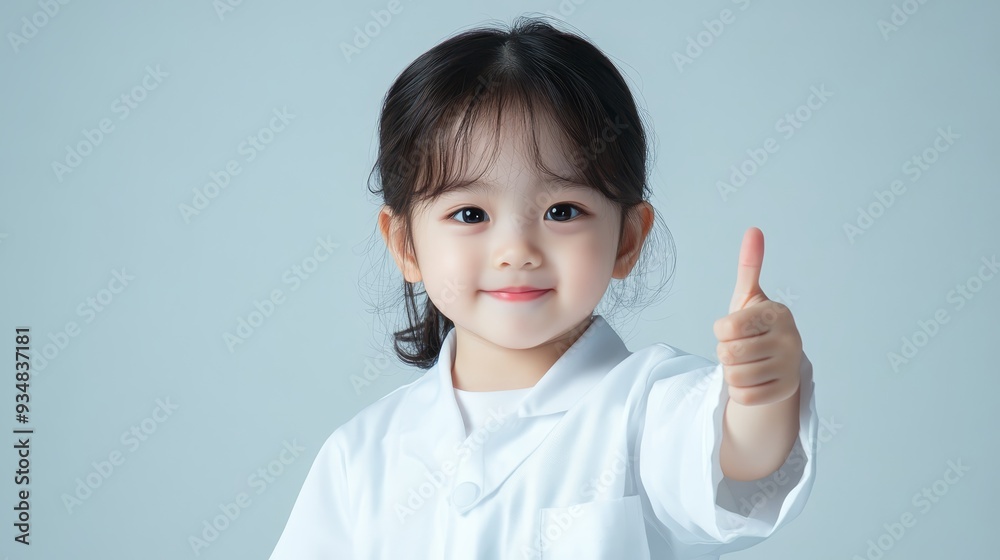 Happy Little Girl in White Coat Giving Thumbs Up Happy Little Girl in White Coat Giving Thumbs Up