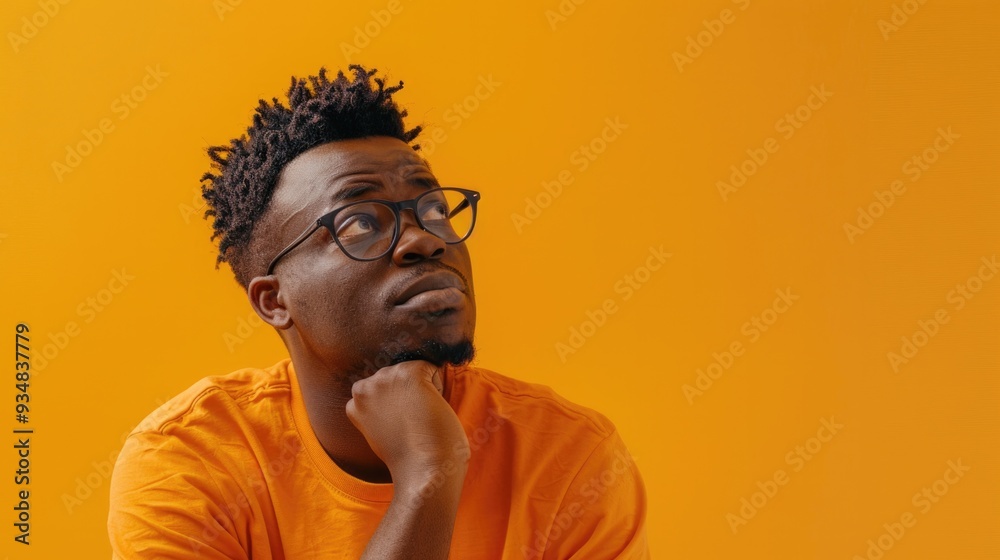 Confused black man deep in thought. Black man wearing an orange shirt and looking puzzled. Thoughtful black man against an orange backdrop.