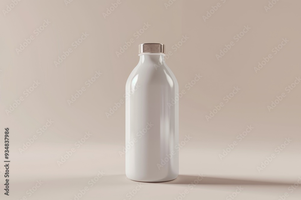 White Water Bottle with Silver Lid on Beige Background White Water Bottle with Silver Lid on Beige Background