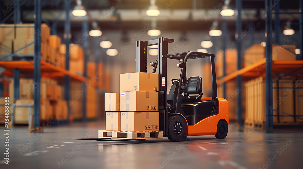 Orange and black forklift trucks are lifting wooden pallets full of cartoon boxes in a warehouse full of containers and packages. Industrial storage car product distribution Orange and black forklift trucks are lifting wooden pallets full of cartoon boxes in a warehouse full of containers and packages. Industrial storage car product distribution