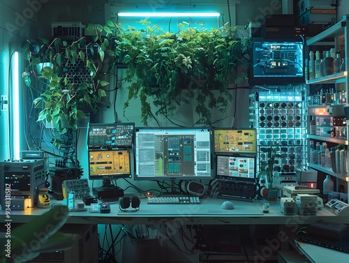 Futuristic Gaming Setup with Plants and Blue Lights.