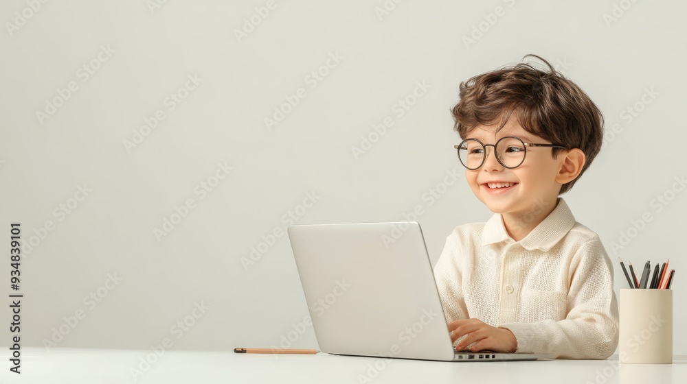 Happy Child Using Laptop Studying Learning Education Happy Child Using Laptop Studying Learning Education