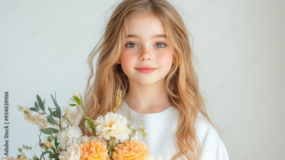 Beautiful Little Girl Holding Flowers with a Happy Smile Beautiful Little Girl Holding Flowers with a Happy Smile