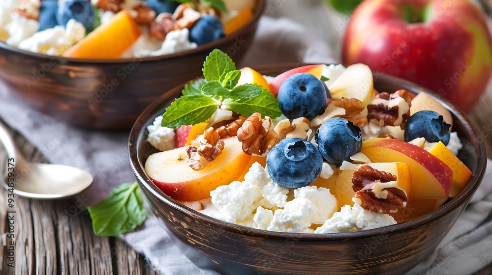 Fresh sweet fruit salad with apples and topped with walnuts blueberries and cottage cheese Fresh sweet fruit salad with apples and topped with walnuts blueberries and cottage cheese