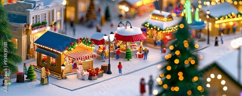 Miniature Christmas market scene with festive stalls and decorations, capturing the holiday spirit