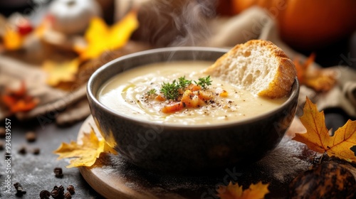 Warm and creamy soup served in a rustic bowl, garnished with herbs, accompanied by crusty bread and autumn leaves.