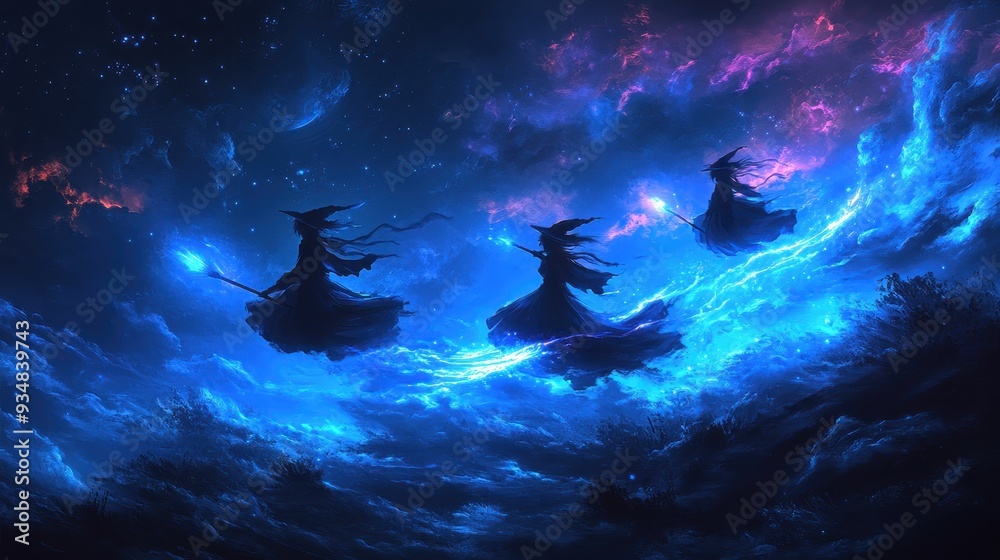 Three witches flying through the sky with a blue background Three witches flying through the sky with a blue background