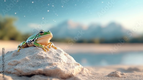 Vibrant frog on a rock in the moonlit desert, with its green skin glowing under the starry sky and casting shadows on the sand. photo