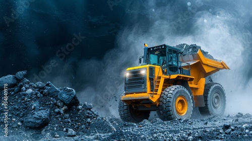 Yellow Dump Truck Excavating Rocks in Quarry