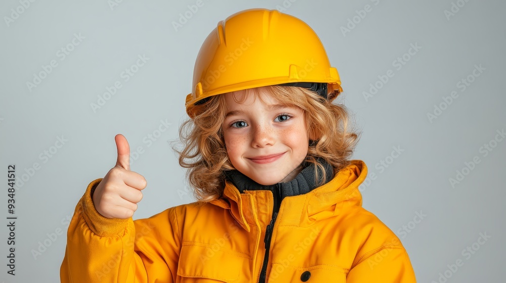 Happy Little Builder Giving Thumbs Up in Yellow Hard Hat and Jacket Happy Little Builder Giving Thumbs Up in Yellow Hard Hat and Jacket