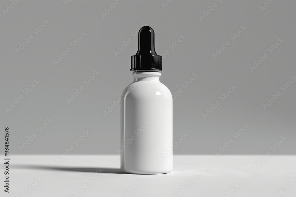 White Dropper Bottle with Black Lid on a White Surface White Dropper Bottle with Black Lid on a White Surface