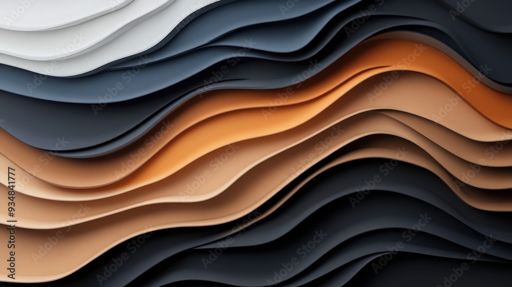 Obraz premium Abstract waves of layered paper in white, black, orange, and beige create a dynamic and modern visual texture for art or design.