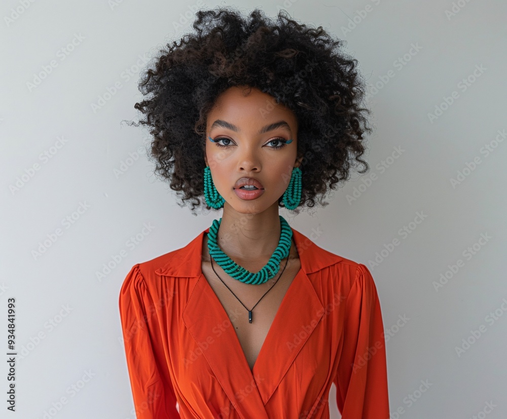 Minimalist Portrait of a Model in Orange Dress with Green Accessories Minimalist Portrait of a Model in Orange Dress with Green Accessories