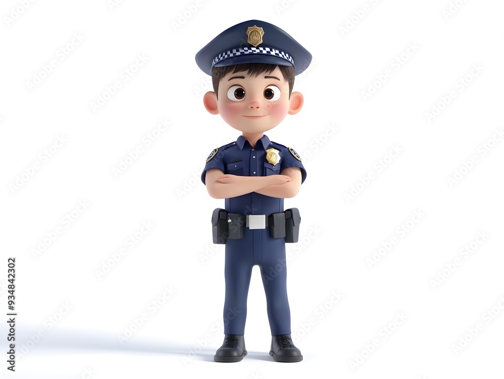 3D Animation of a Full Body Boy in a Police Officer Uniform Standing at the Center Isolated on a White Background 3D Animation of a Full Body Boy in a Police Officer Uniform Standing at the Center Isolated on a White Background