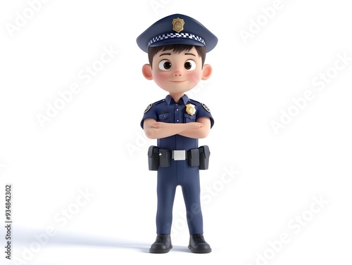 3D Animation of a Full Body Boy in a Police Officer Uniform Standing at the Center Isolated on a White Background