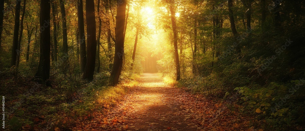 Connect deeply with nature through a serene forest path covered in fallen leaves and dappled sunlight filtering through the canopy Connect deeply with nature through a serene forest path covered in fallen leaves and dappled sunlight filtering through the canopy